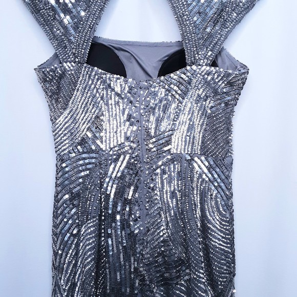 Beaded Evening Gown Retro Art Deco Design Silver & Gray Size Small - Picture 7 of 9